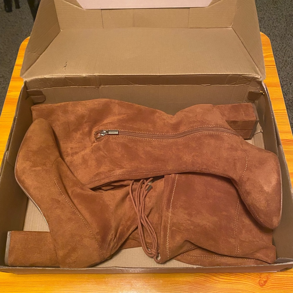 JustFab- Knee High, Suede, Camel 3.5 inch heeled boots.